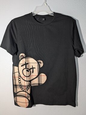 Manfinity Black Tee with Beige Plaid Teddy Graphic